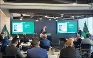 NESA Center Director Ambassador John Desrocher (middle) and Associate Dean Charles Marks (right) during the welcome remarks on the first day.